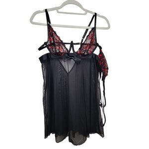 Yandy Black And Red Underwire Bow Chemise With G-String Size L/XL